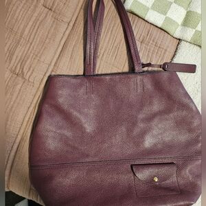 J Crew All Day Tote  Merlot Wine Pebbled Leather Large Tote
